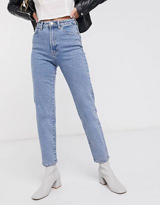 Stradivarius + Organic Cotton Slim Mom Jeans With Stretch in Washed Blue