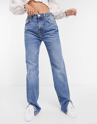 Pull&Bear + Tall 90s Straight Leg Jeans With Slit Hem in Blue