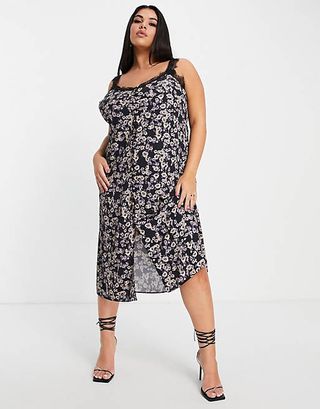 ASOS Curve + Curve Midi Slip Dress With Split Hem in Ditsy Print