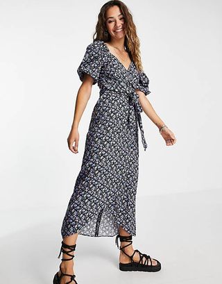 Topshop + Wrap Midi Dress in Ditsy Floral Print