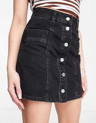 ASOS Design + Organic Cotton Blend Denim Button Through Skirt in Washed Black