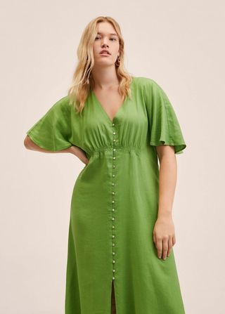 Mango + Buttoned Linen-Blend Dress