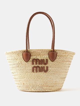 Miu Miu + Logo-Appliqué Woven-Raffia Leather-Trim Basket Bag