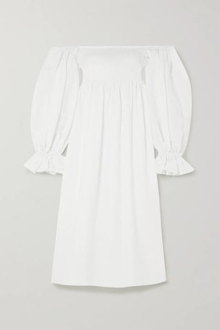 Sleeper + Atlanta Off-The-Shoulder Shirred Linen Midi Dress
