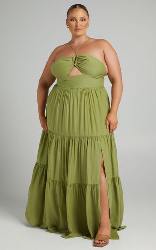 Showpo + Carmelle Halter Cut Out Tiered Maxi Dress in Sage