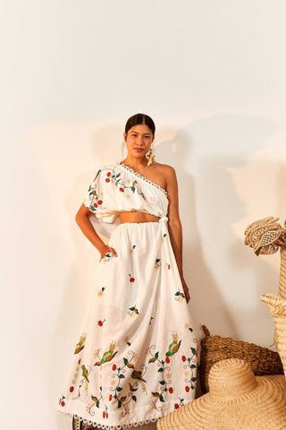 Farm Rio + Pitanga Embroidered One-Shoulder Maxi Dress