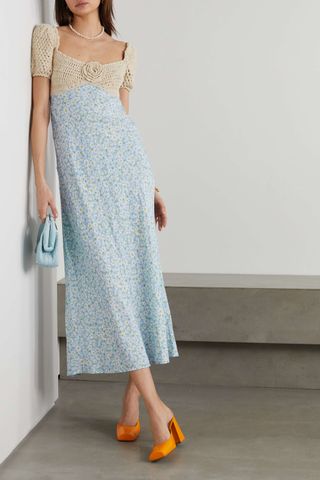 Rixo + Sardinia Open Back Crochet-Knit and Floral-Print Linen-Blend Maxi Dress