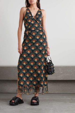 Paco Rabanne + Embellished Fringed Printed Organic Cotton-Jersey Maxi Dress