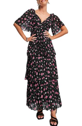 ASOS Design + Floral Tiered Pleated Maxi Dress