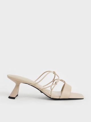 Charles & Keith + Beige Strappy Leather Sculptural Heel Sandals