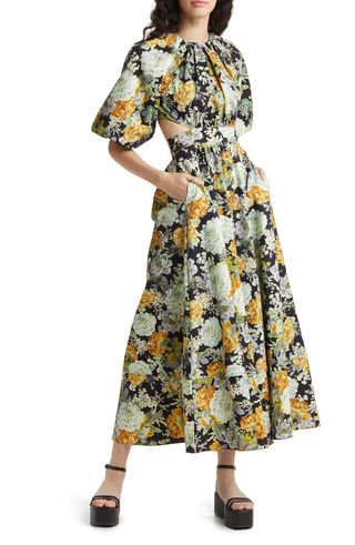 Asos Design + Floral Puff Sleeve Midi Dress