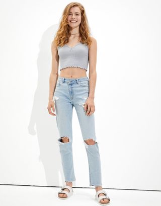 American Eagle + Stretch Ripped Crossover Highest Waist Mom Jeans