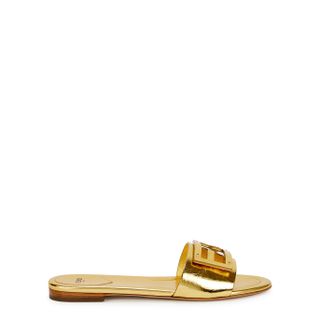 Fendi + Baguette Gold Logo Leather Sandals