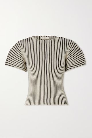 Tory Burch + Striped Ribbed-Knit T-Shirt