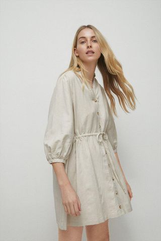 Warehouse + Linen Mix Drawstring Waist Mini Shirt Dress