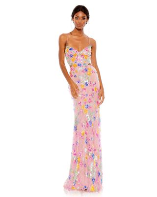 Mac Duggal + Embellished Lace Strappy Column Gown