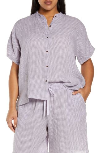 Eileen Fisher + Mandarin Collar Check Organic Linen Shirt