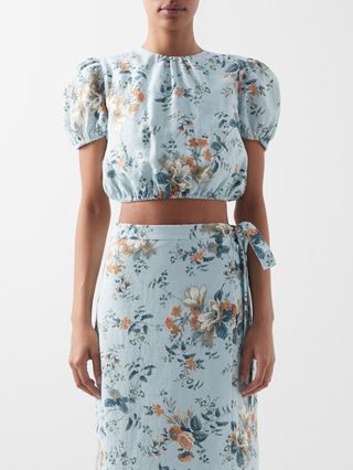 Erdem + Vacation Hydra Floral-Print Linen Cropped Top