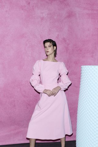 Olivia Rubin + Pink Puff Sleeve Midi Dress