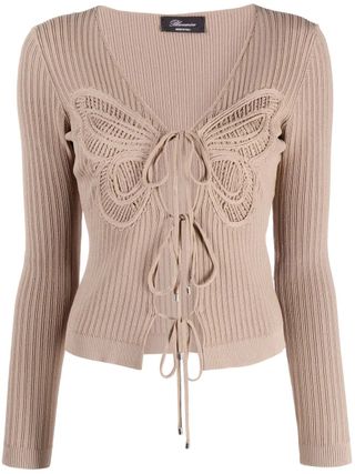 Blumarine + Butterfly Embroidery Ribbed Cardigan