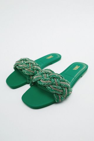 Zara + Woven Flat Rhinestone Sandals