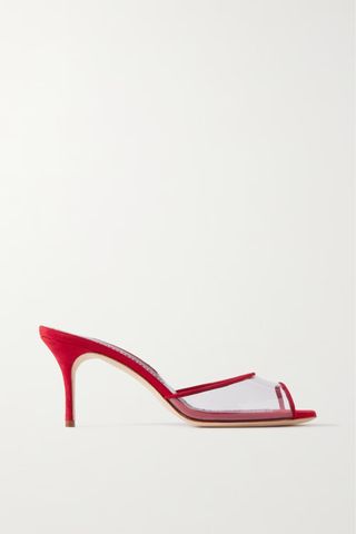 Manolo Blahnik + Jadifa 70 PVC and Suede Mules