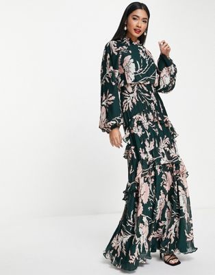 ASOS Design + High Neck Plisse Maxi Dress With Tiered Skirt