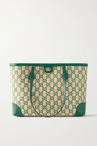 Gucci + Ophidia Medium Textured Leather-Trimmed Embroidered Straw Tote