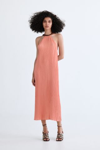 Zara + Halterneck Dress with Wooden Appliqué
