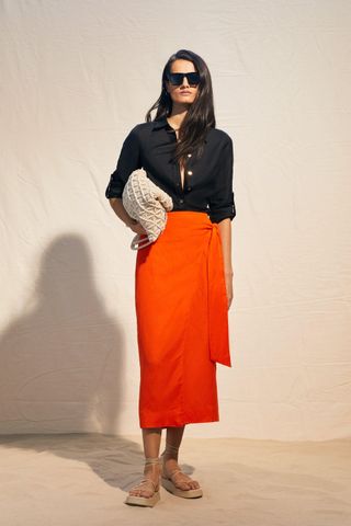 Karen Millen + Linen Viscose Woven Wrap Tie Skirt