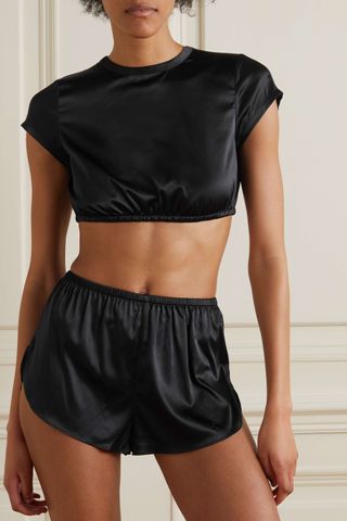 Skims + Woven Shine Cropped Open-Back Stretch-Satin Top