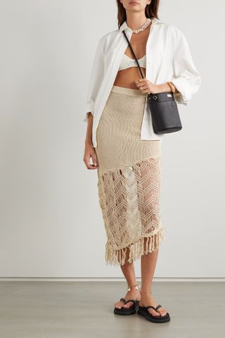 Savannah Morrow + Sakari Fringed Asymmetric Crochet-Knit Pima Cotton Skirt