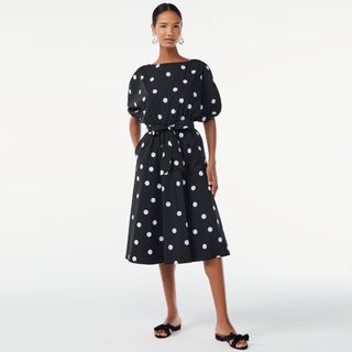 Scoop + Tie Front Midi Dress With Ruched Sleeves