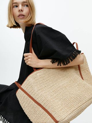 Arket + Leather Detailed Straw Tote