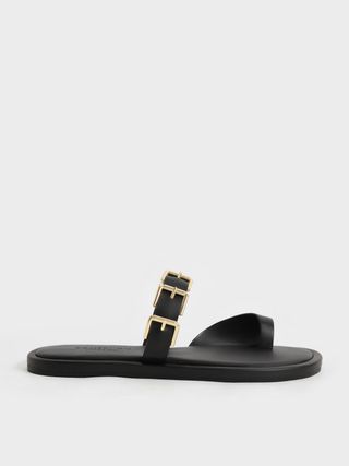 Charles & Keith + Black Buckled Leather Toe-Ring Sandals