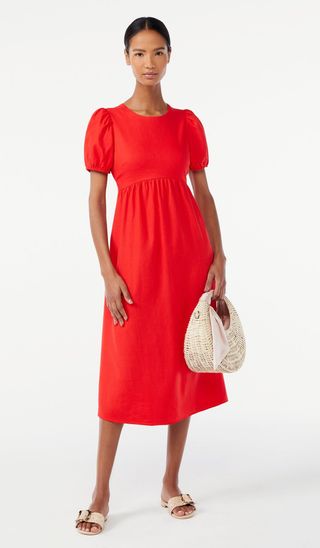 Scoop + Bow Back Midi Dress with Puff Sleeves