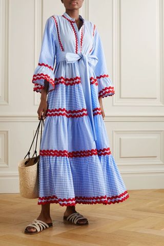 Flora Sardalos + Milos Belted Embroidered Gingham Cotton-Poplin Maxi Dress