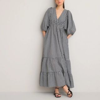 La Redoute + Cotton Tiered Maxi Dress in Gingham Print with Puff Sleeves