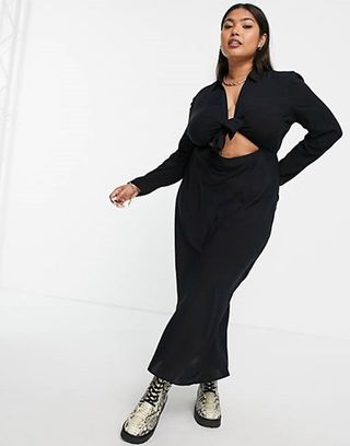 Asos Curve + Cut Out Midi Shirt Dress With Knot Front Detail in Black