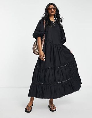 Topshop + Broderie Oversized Chuck on Maxi Dress in Black