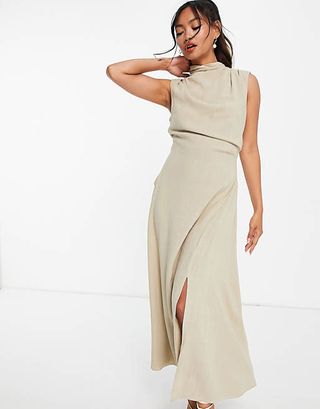 Asos + Cowl Neck Midi Dress With Open Back in Linen in Neutral