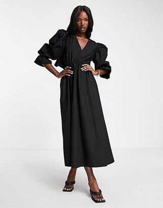 Asos + Open Back Midi Dress With Puff Sleeve in Black