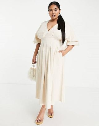Asos Edition + Pleat Waist Midi Dress With Blouson Sleeve in Cream