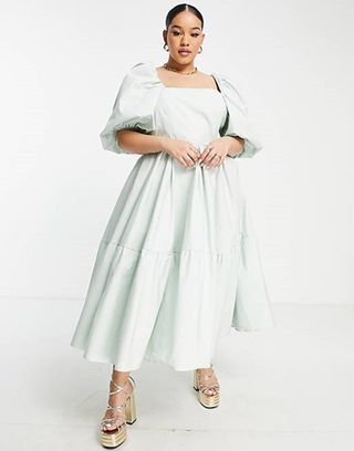 Asos + Midi Dress With Tiered Hem in Sage Green