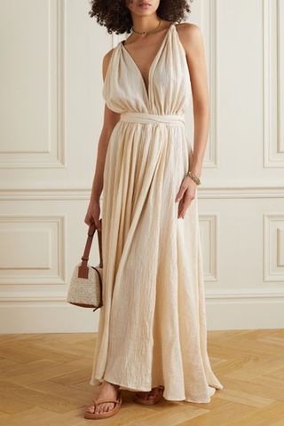 Caravana + Hera Leather-Trimmed Cotton-Gauze Halterneck Maxi Dress