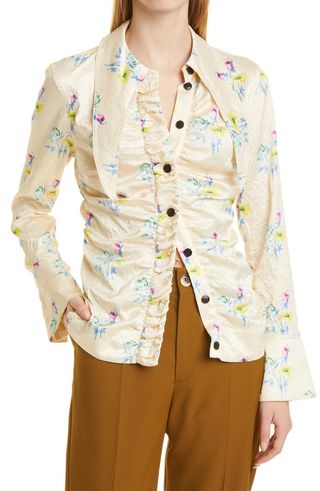 Ganni + Floral Print Ruched Crinkled Satin Shirt