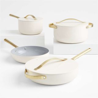 Caraway + Cream 7-Piece Ceramic Non-Stick Cookware Set With Gold Hardware