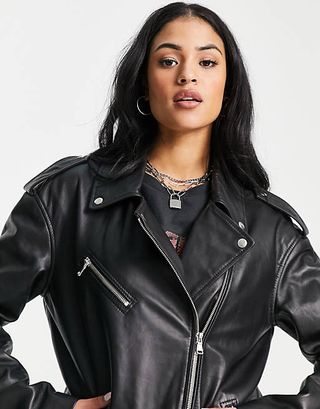 Asos Design + Oversized Leather Biker Jacket in Black