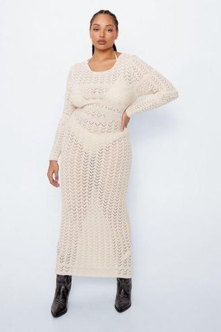 Nasty Gal + Long Sleeve Open Back Crochet Maxi Dress