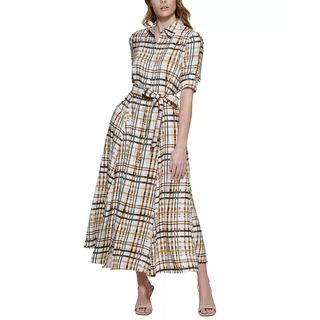 Calvin Klein + Belted Plaid Shirt Dress